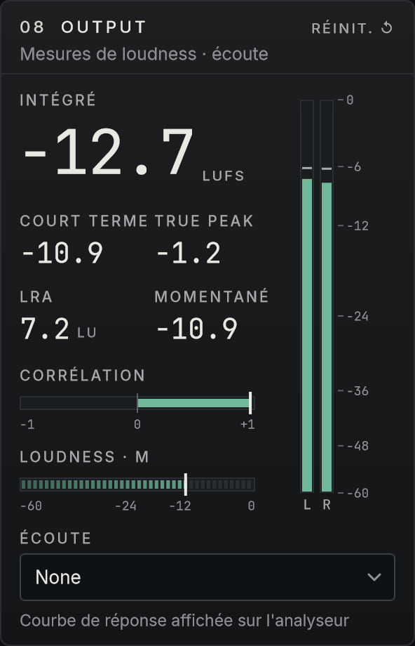 The Output panel in French: intégré, court terme, corrélation, écoute