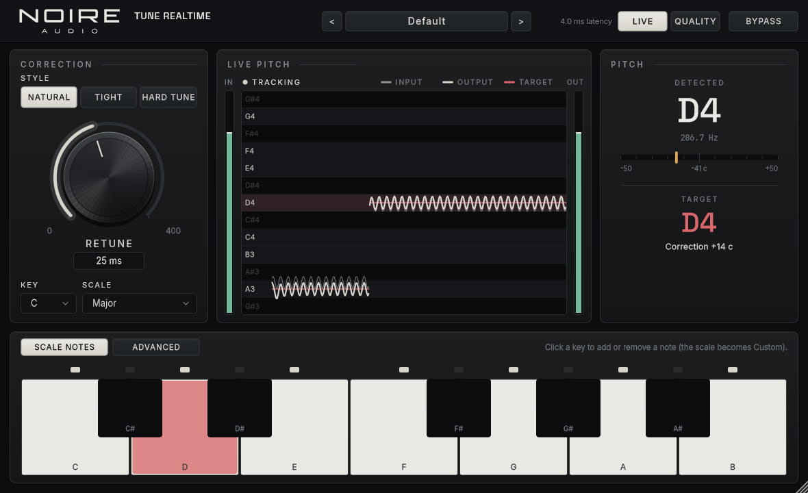 noire tune realtime with its correction style and retune speed, the live pitch display, detected and target notes, and the scale keyboard