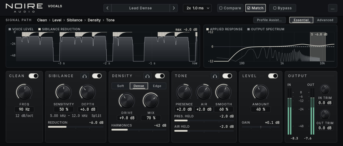 Noire Vocals interface showing its vocal processing chain and controls